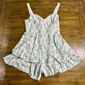 Altar'd State Gillette Floral Romper Blue Tan Tiered Ruffle Skort Large